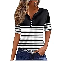 Womens Striped Tops Henley Neck Buttons Dressy Shirts Summer Short Sleeve Casual Blouses 2024 Fashion Pullover Tees