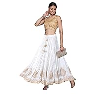 Chadrakala Women's Rayon Cotton Indian Crushed Flaire Long Maxi Skirt Gold Block Print,Free Size (S101)