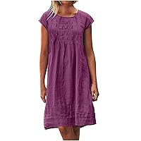Floral Dress Midi Women's Linen Tunic Dress Summer Short Sleeve Knee Length Dresses for Women 2024 Casual Swing Sundress Trendy Dress Vestidos De Verano para Purple