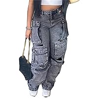 NRTHYE Cargo Jeans for Women Y2K High Waist Baggy Denim Cargo Pants with Pocket Streetwear