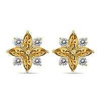 1 Carat TW Gemstone and Diamond Flower Earrings in 10K Yellow Gold (Available in Aquamarine, Garnet, Tanzanite and More)