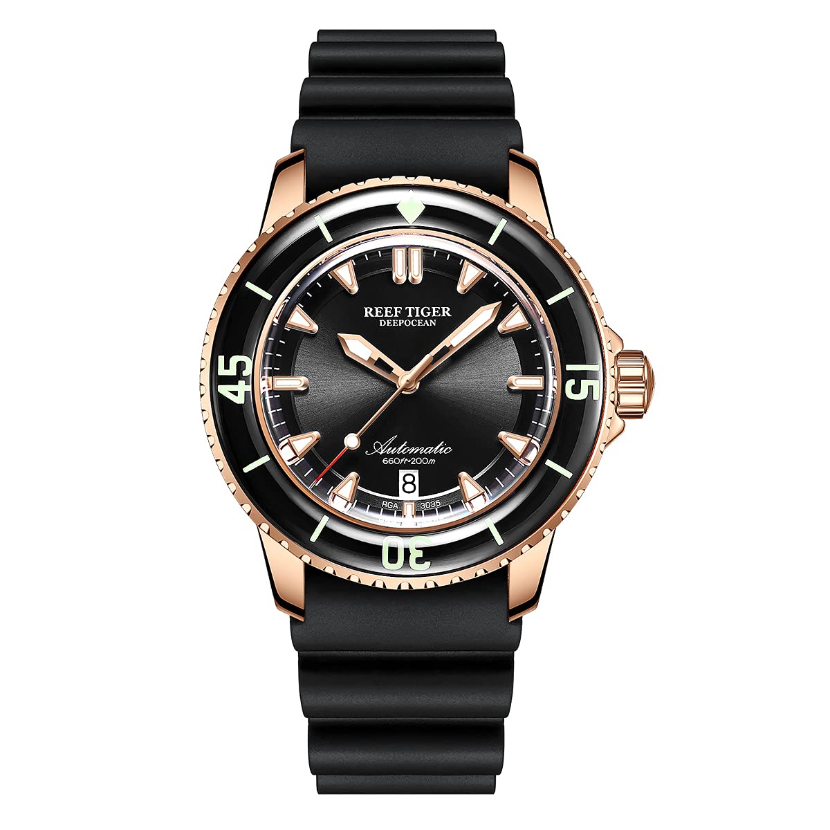 REEF TIGER Mens Mechanical Dive Watches Rose Gold Rubber Strap Watches Luminous Watch RGA3035