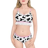 Littleforbig Lacy Trim Women Nightwear Strap Sleepwear Cami Top Shorts Lingerie Bralette Loungewear Set - Milk Cow