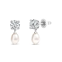 925 Sterling Silver Drop Earrings for Women 6x4mm Cultured Freshwater Pearl & 0.50 Carat Round Lab Grown White Diamond or Cubic Zirconia