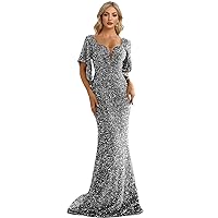 Women Sequin V Neck Mermaid Maxi Dress Sexy Long Wedding Party Cocktail Prom Evening Dresses