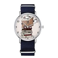 Reading Panda Design Nylon Watch for Men and Women, Books and Coffee Art Theme Unisex Wristwatch, Kawaii Lover Gift Idea