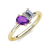 Pear Shape Amethyst & Emerald Shape Moissanite 2.05 ctw Four Prong Women 2 Stone Duo Engagement Ring 14K Gold
