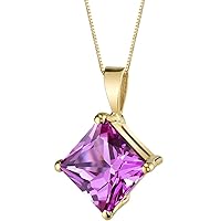 PEORA Solid 14K Yellow Gold Created Pink Sapphire Pendant for Women, Classic Solitaire, Princess Cut, 8mm, 3 Carats total