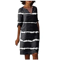 Dresses for Women 2024 Fashion V Neck Striped Dress Retro Midi Dress Casual Spring Short Sleeve Elegant Dresses