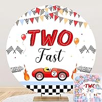 7.2x7.2ft Two Fast Round Backdrop Cover Racing Car 2nd Birthday Photography Background Happy Birthday Party Decorations for Kids Boys Child Cake Table Banner Circle Photo Booth Props