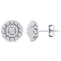 14K Gold Over Sterling Silver Round Cut White Natural Diamond Halo Cluster Stud Earrings (0.1 Cttw, J-K Color, I2-I3 Clarity)