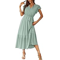 PRETTYGARDEN Women's 2024 Floral Boho Dress Wrap V Neck Short Sleeve Belted Ruffle Hem A-Line Flowy Maxi Dresses