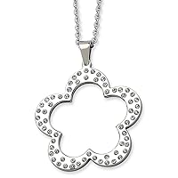 Stainless Steel Fancy Lobster Closure Polished Flower with CZ Cubic Zirconia Simulated Diamonds Pendant Necklace 24 Inch Jewelry for Women