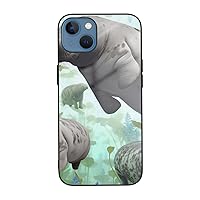 Rabbits Manatees Printed Case for iPhone 13 Mini Case, Tempered Glass Shockproof Phone Case Cover for iPhone 13 Mini 5.4 Inch, Not Yellowing