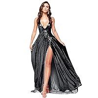Women's Deep V Neck Sequins Prom Dresses Spaghetti Straps Backless Maxi Long Evening Formal Gowns with Slit Black