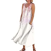 Women's Cotton Linen Maxi Sun Dress Crewneck Sleeveless Tshirt Long Flowy Casual Pocket Cute Printed Tank Dresses