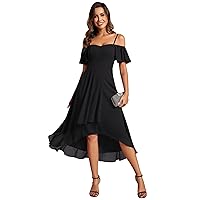 Ever-Pretty Women's Spring Off Shoulder Ruffle Sleeves Ruched High Low Chiffon Wedding Guest Dress 02103