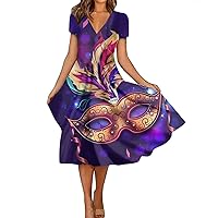 Women's Mardi Gras Printed Short Sleeve Dress Sexy V-Neck Mask Pattern Party Swing Flowing Dresses