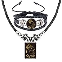 Buddhism Black Yellow Hand Pattern Leather Necklace Bracelet Jewelry Set