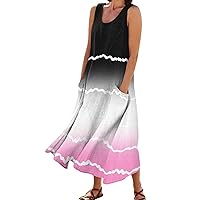Dresses for Women 2024 Casual,Womens Striped Crewneck Sleeveless Summer Dress Hankerchief Hem Maxi Tank Beach Dress