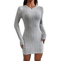 Dresses for Women - Solid Ribbed Knit Bodycon Dress (Color : Gray, Size : XX-Small)