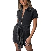 Womens Zipper Mini Denim Dress Slim Fit Lapel Short Sleeve T-Shirt Dress with Belt Sexy V Neck Jean Dresses with Pockets