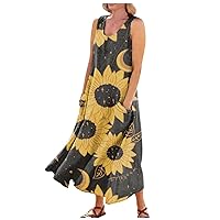 Summer Dress for Women 2024 Plus Size Sundress Floral Crewneck Sleeveless Dress Cotton Linen Beach Dress with Pockets