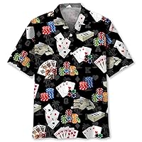 Poker Hawaiian Shirts for Men - Gambling Casino Skull Fire Short Sleeve Aloha Button Down Shirt
