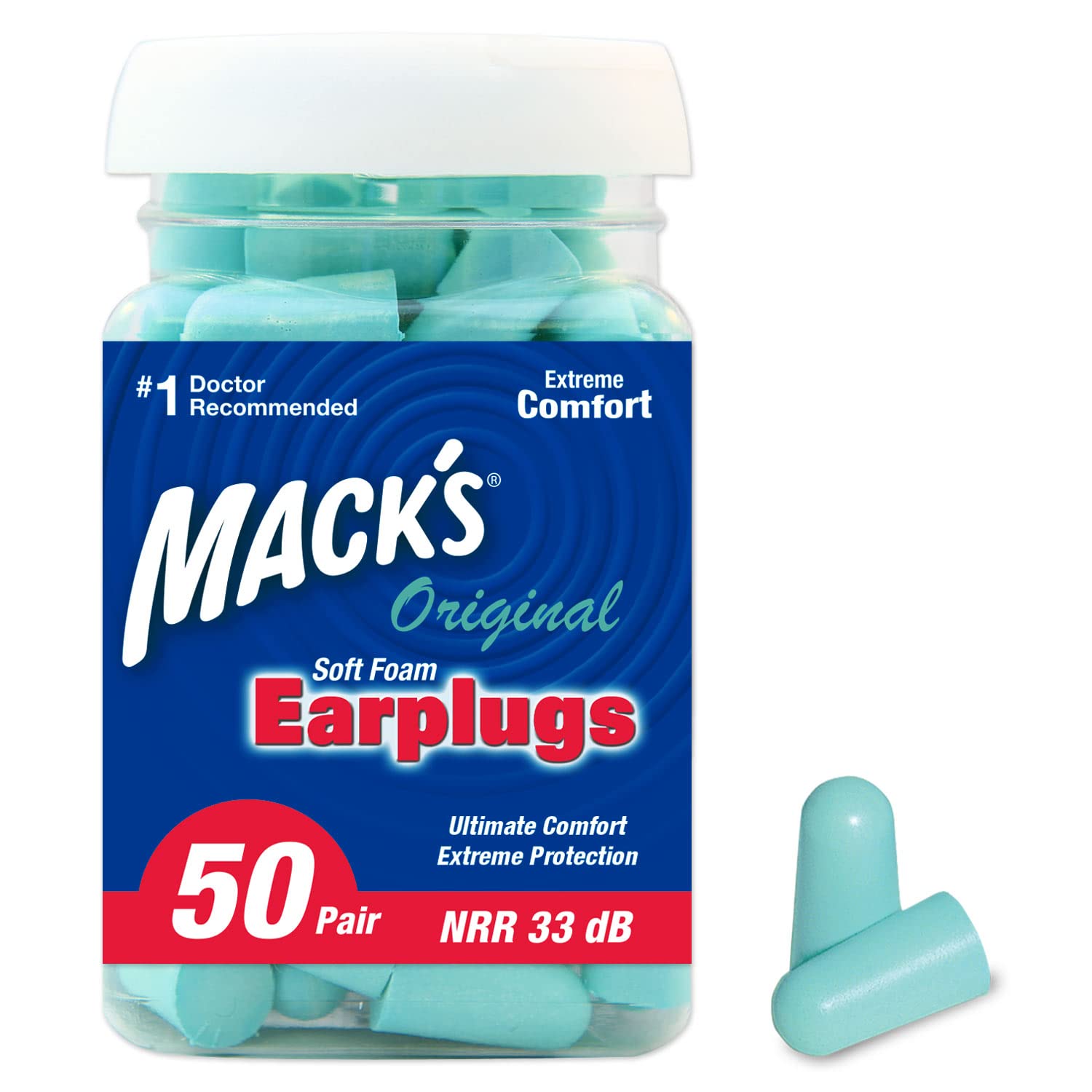 Mack's Original Soft Foam Earplugs, 50 Pair - 33dB Highest NRR, Comfortable Ear Plugs for Sleeping, Snoring, Work, Travel & Loud Events, Teal Green