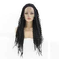 Synthetic Front Wigs Long Curly Non Adhesive Braided Black Synthetic Black Front Wig with 3 Times Twist Braids for Women with Baby Hair,18 inches