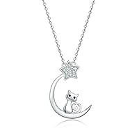 Created Round Cut White Diamond 925 Sterling Silver 14K White Gold Finish Half Moon Star Cat Pendant Necklace for Women's & Girl's