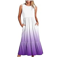 My Orders Women Sleeveless T-Shirt Dress with Pockets Loose Fitting Casual Long Dresses Tiered Ruffle Swing Tank Maxi Dress Mexico Vacation Outfits Purple
