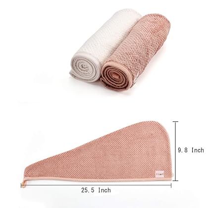 M-bestl 2 Pack Microfiber Hair Towel Wrap,Hair Drying Towel with Button, Hair Towel Turban,Head Towel to Dry Hair Quickly (Pink&Beige)