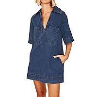 Women Blue Denim Dress Summer Deep V Half Sleeve Casual Loose Collared Shift Mini Jean Dress with Pockets