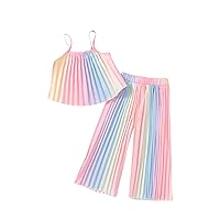Girl's 2 Piece Outfits Boho Ombre Print Pleated Spaghetti Strap Cami Top and Wide Leg Pants Sets