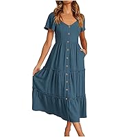 Womens Summer Vacation Dresses Puff Short Sleeve Button V Neck A Line Dress Flowy Ruffle Tiered Beach Midi Dress with Pockets