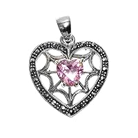 Spider Web Promise Heart Pendant Pink Simulated CZ .925 Sterling Silver Charm