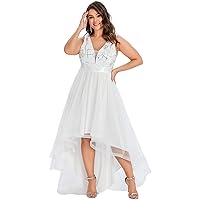 Ever-Pretty Plus Women's Deep V-Neck Lace Applique High Low A-Line Plus Size Tulle Maxi Evening Party Dresses 00793-DA