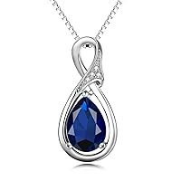 Diamond and Natural Sapphire Sterling Silver Teardrop Pendant Necklace, Hypoallergenic Necklace, Anniversary Birthday Diamond Sapphire Jewelry Gifts for Women, Gifts for Mom
