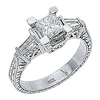 14k White Gold 1.90 Carats Princess & Baguette Antique Diamond Engagement Ring