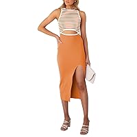 Pink Queen Women's Cutout Crew Neck Sleeveless Tank Slit Ribbed Bodycon Midi Dresses