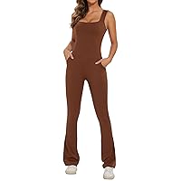 Flare Jumpsuits for Women Bodycon Square Neck Tank Top Wide Leg Full Bodysuit Workout Outfits Onesie with Pockets