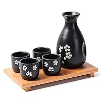 Japanese Sake Set Traditional Cherry Blossom 1 Bottle and 4 Cups with Bamboo Tray Sake Serving Set, Black