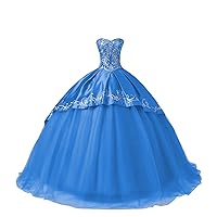 Ball Gown Sweet 15 XV Party Dress Sweetheart Quinceanera Satin Dress Mexican Vintage Gold Embroidery Blue 14