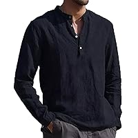 DuDubaby Button Down Shirt for Men Designer Summer Casual Cotton Linen Solid Color Long Sleeve Loose Stand Collar Shirts