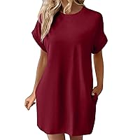 Summer Dresses for Women 2024,Womens Solid Crewneck Short Sleeve T-Shirt Dress Loose Beach Vacation Mini Dress