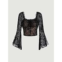 Women's Tops Women's Shirts Sexy Tops for Women Square Neck Split Sleeve Ruched Bust Flocked Mesh Top (Color : Black, Size : X-Small)