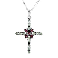 NOVICA Handmade Garnet Peridot Pendant Necklace Cross from India .925 Sterling Silver Christian Religious Gemstone Birthstone 'Glistening Cross'