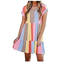 Women's Summer Dresses 2023 Colorblock Layered Mini Dress High Waist Short Sleeve Maxi Dress Casual Dresses
