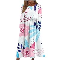 Womens Loose Casual Dress Crew Neck Floral Print Long Sleeve with Pocket Dress Calf Length Trendy Outdoor Dress